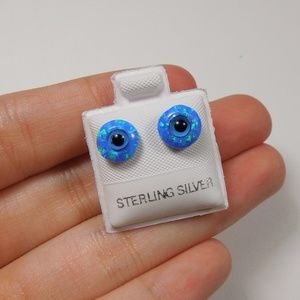 Blue Fire Opal Sterling Silver Evil Eye Stud